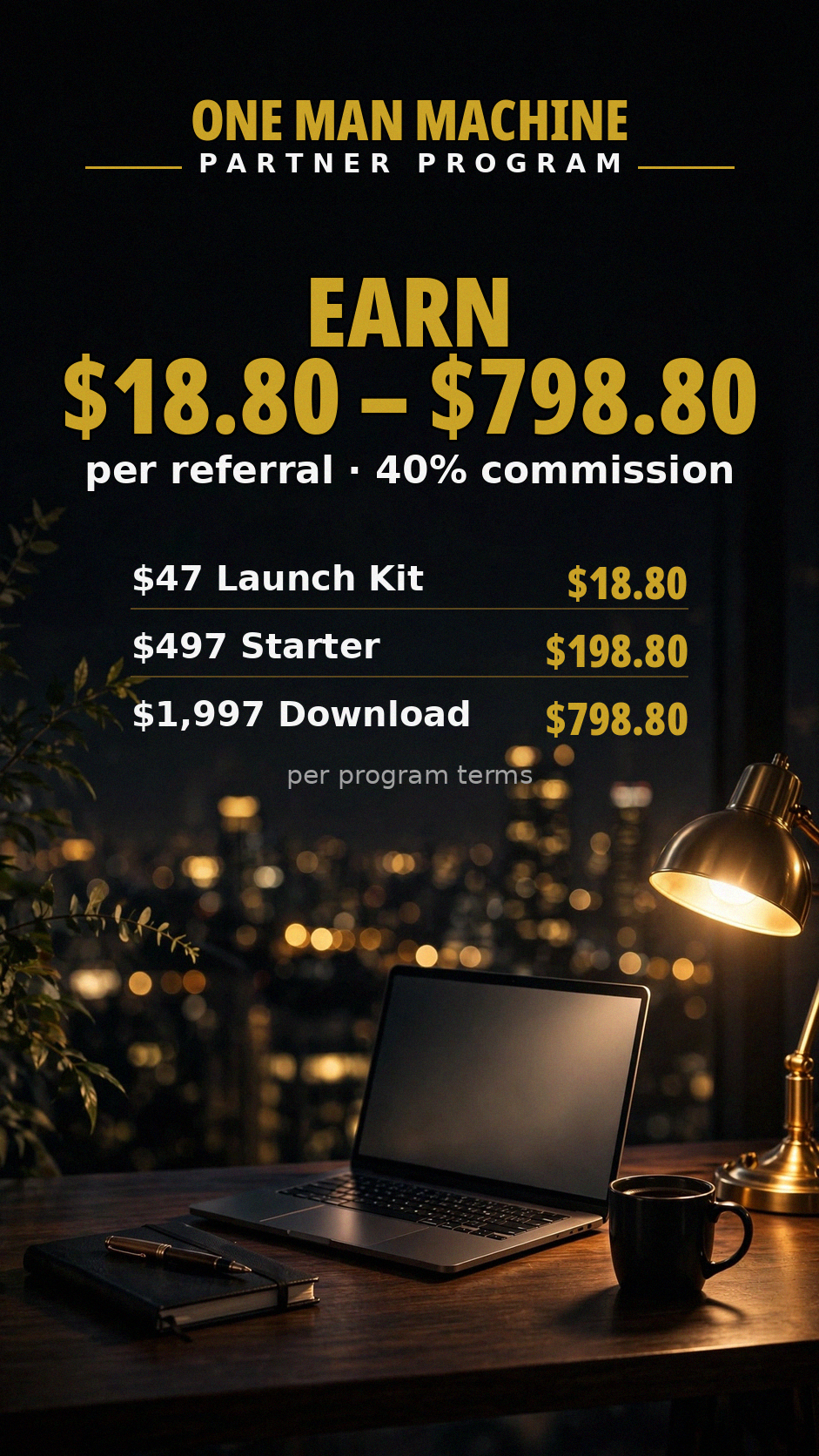 Partner commissions: $18.80 Launch Kit, $198.80 Starter, $798.80 Download per referral, 40% commission, per program terms